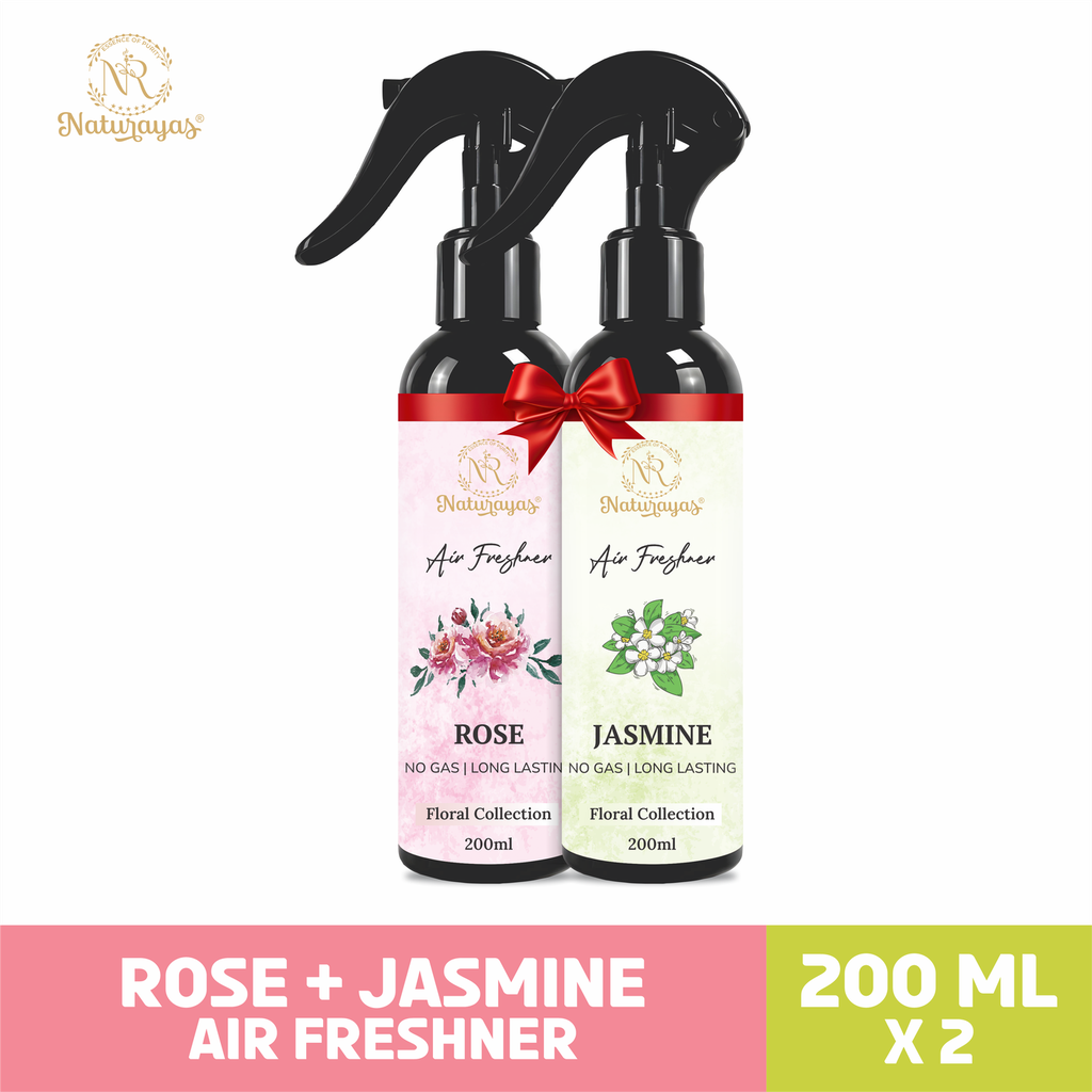 Naturayas Luxury Air Freshener Combo (Rose + Jasmine) | No Gas, No Alcohol Long Lasting Room Spray Mist (200ml x 2 Pack)